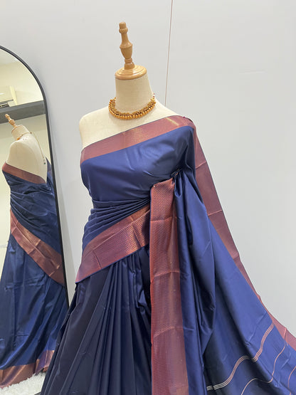 Soft Silk Saree - Navy Blue with Copper Zari