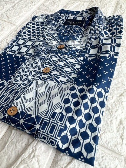 Men Short Sleeve Shirt - Blue Geometric