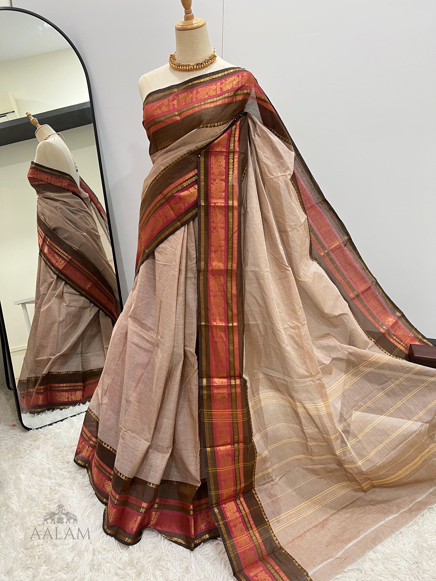 Cotton Saree - Light Brown with Dark Brown & Pink Border