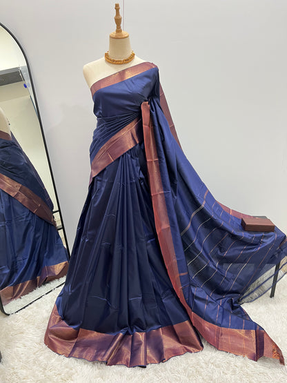 Soft Silk Saree - Navy Blue with Copper Zari