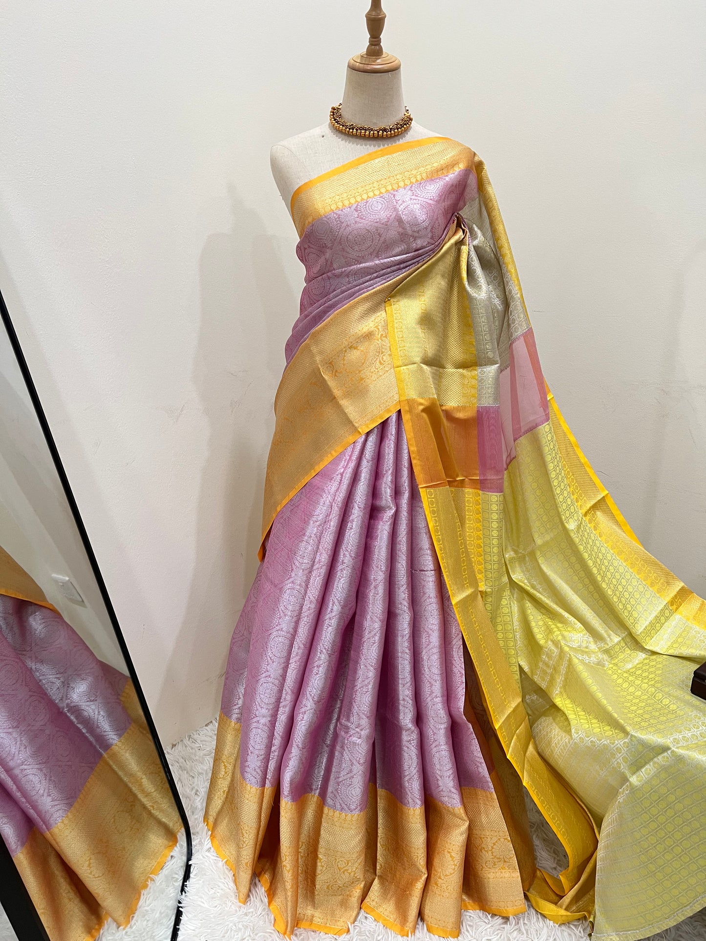 Banarasi Tissue Saree - Pink & Yellow with Silver Zari