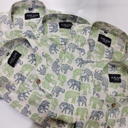 Men Short Sleeve Shirt - Green & Blue Elephant Prints