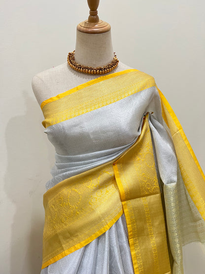 Banarasi Tissue Saree - Silver & Lemon Yellow