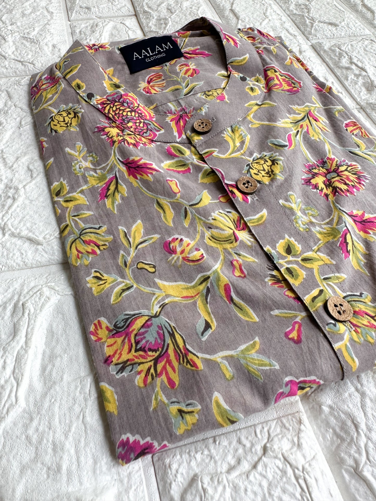 Men Short Sleeve Shirt - Grey Floral Prints