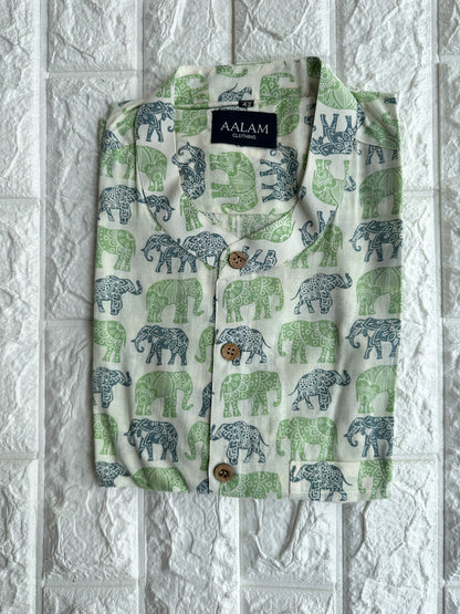 Men Short Sleeve Shirt - Green & Blue Elephant Prints