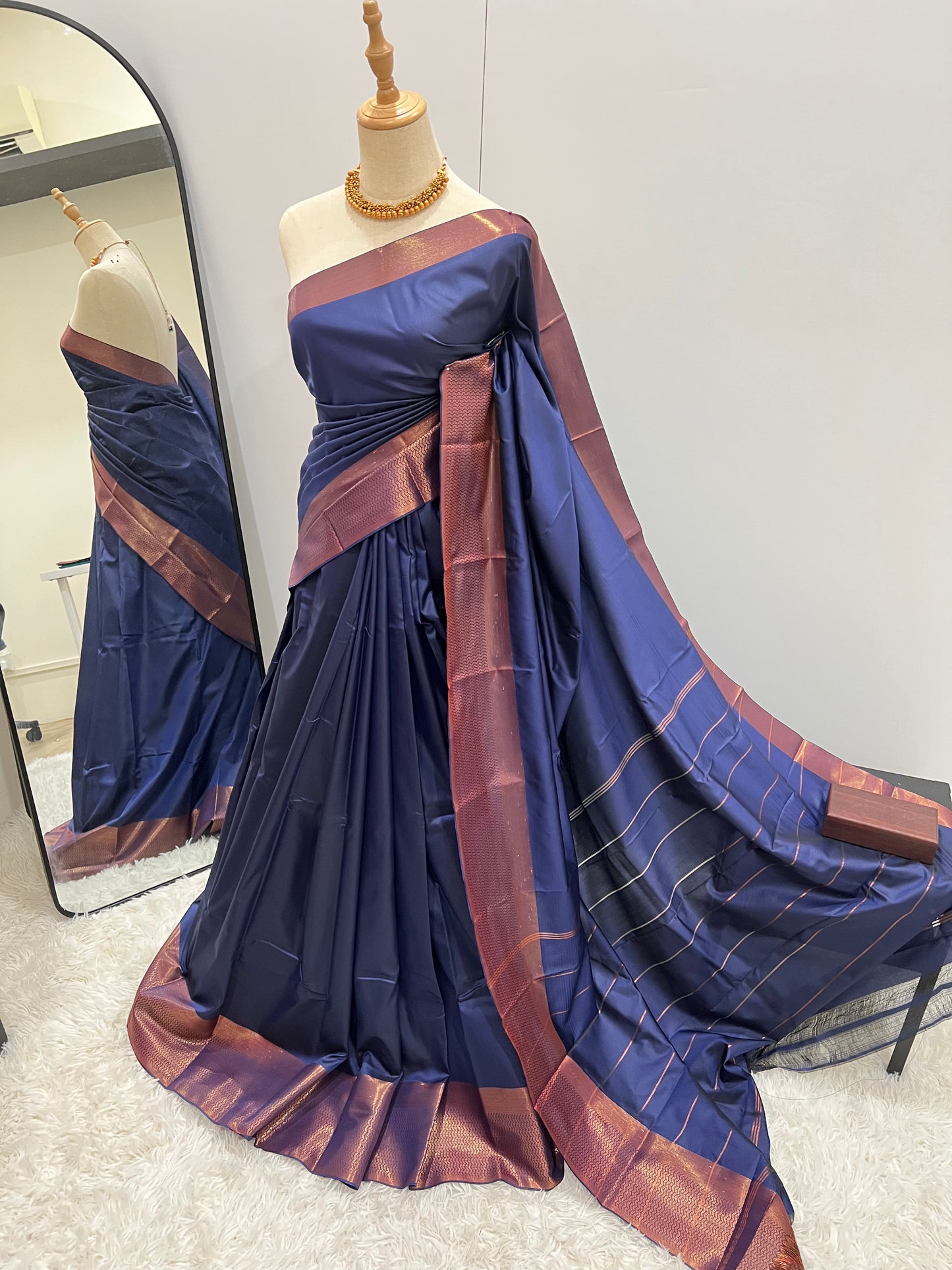 Soft Silk Saree - Navy Blue with Copper Zari