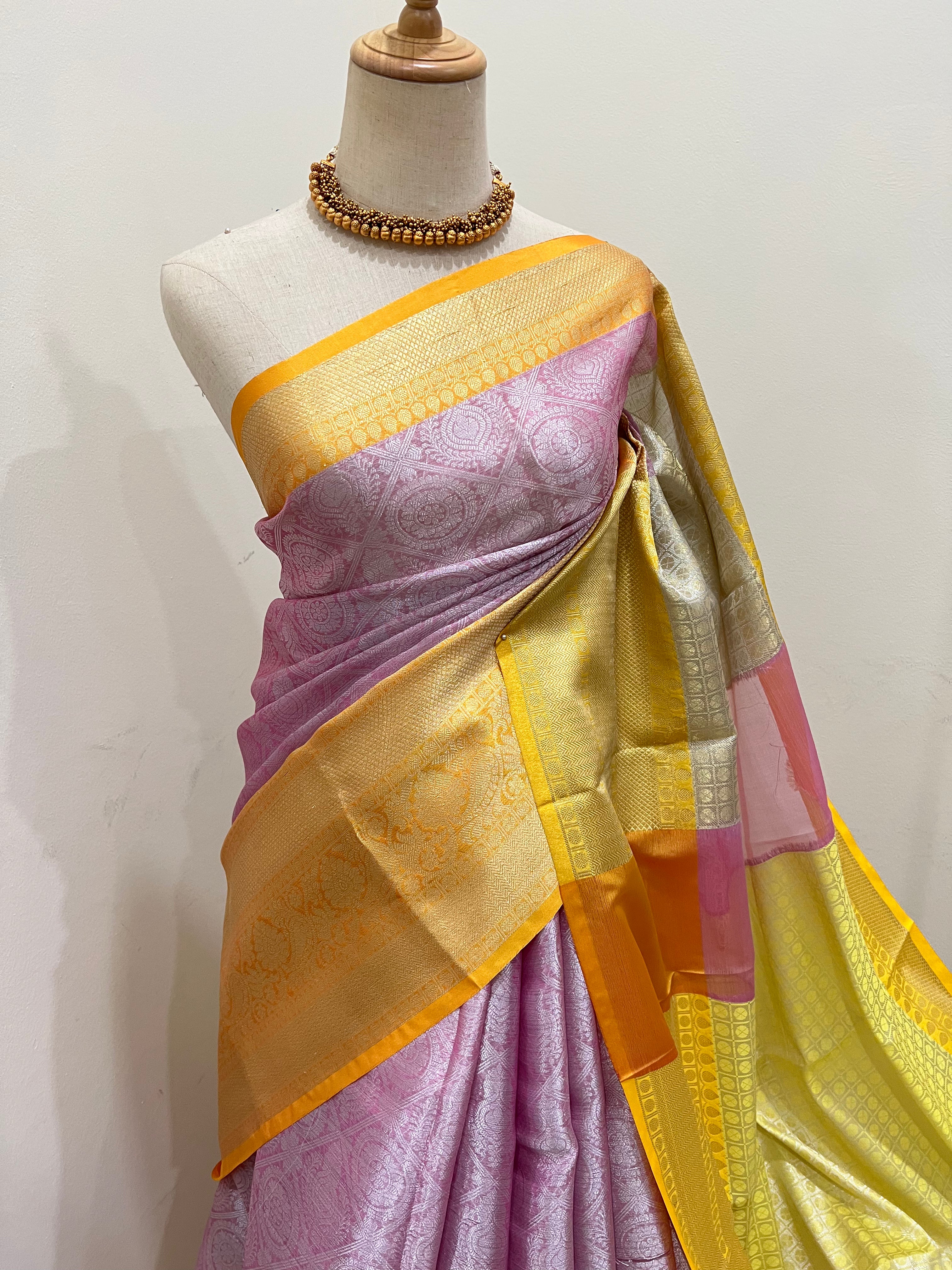 Banarasi Tissue Saree - Pink & Yellow with Silver Zari