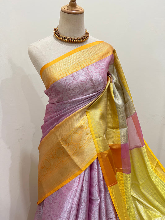 Banarasi Tissue Saree - Pink & Yellow with Silver Zari