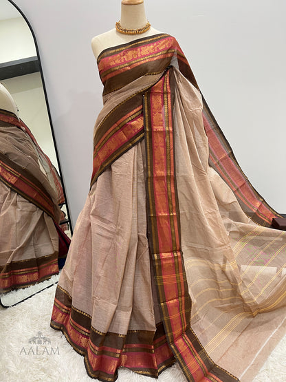 Cotton Saree - Light Brown with Dark Brown & Pink Border