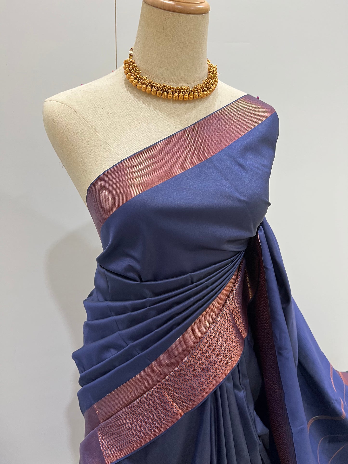 Soft Silk Saree - Navy Blue with Copper Zari