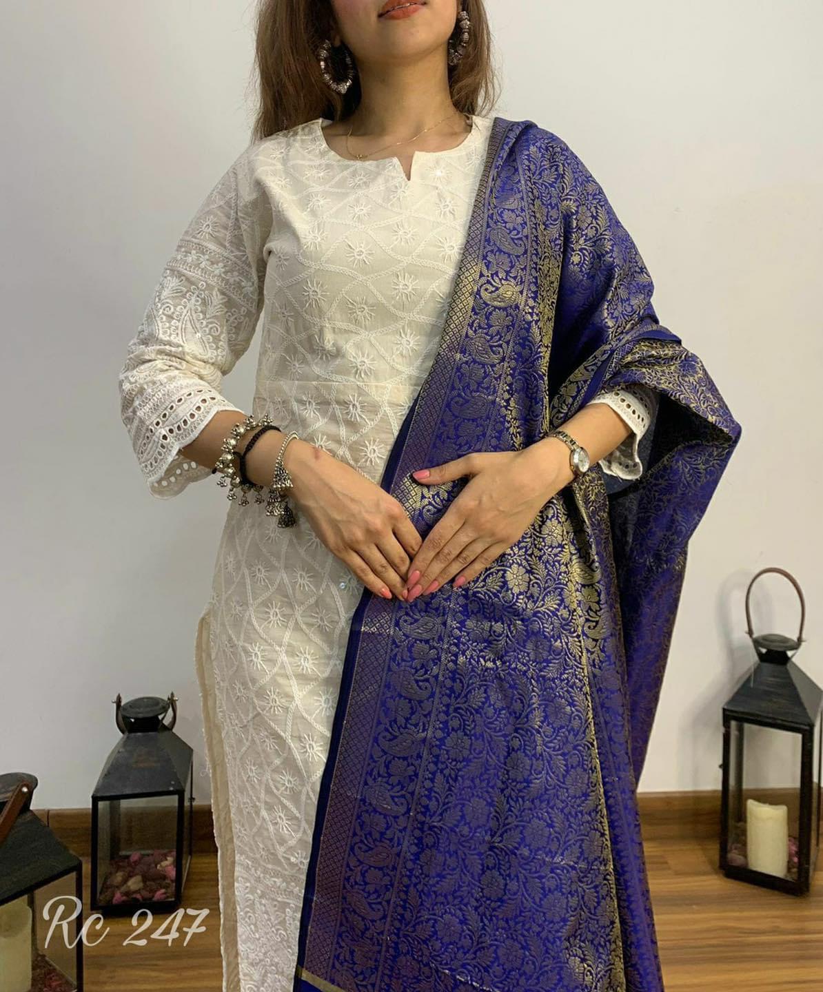 Ayla - Chikankari Kurta Set with Banarasi Silk Dupatta - Off-White & Blue