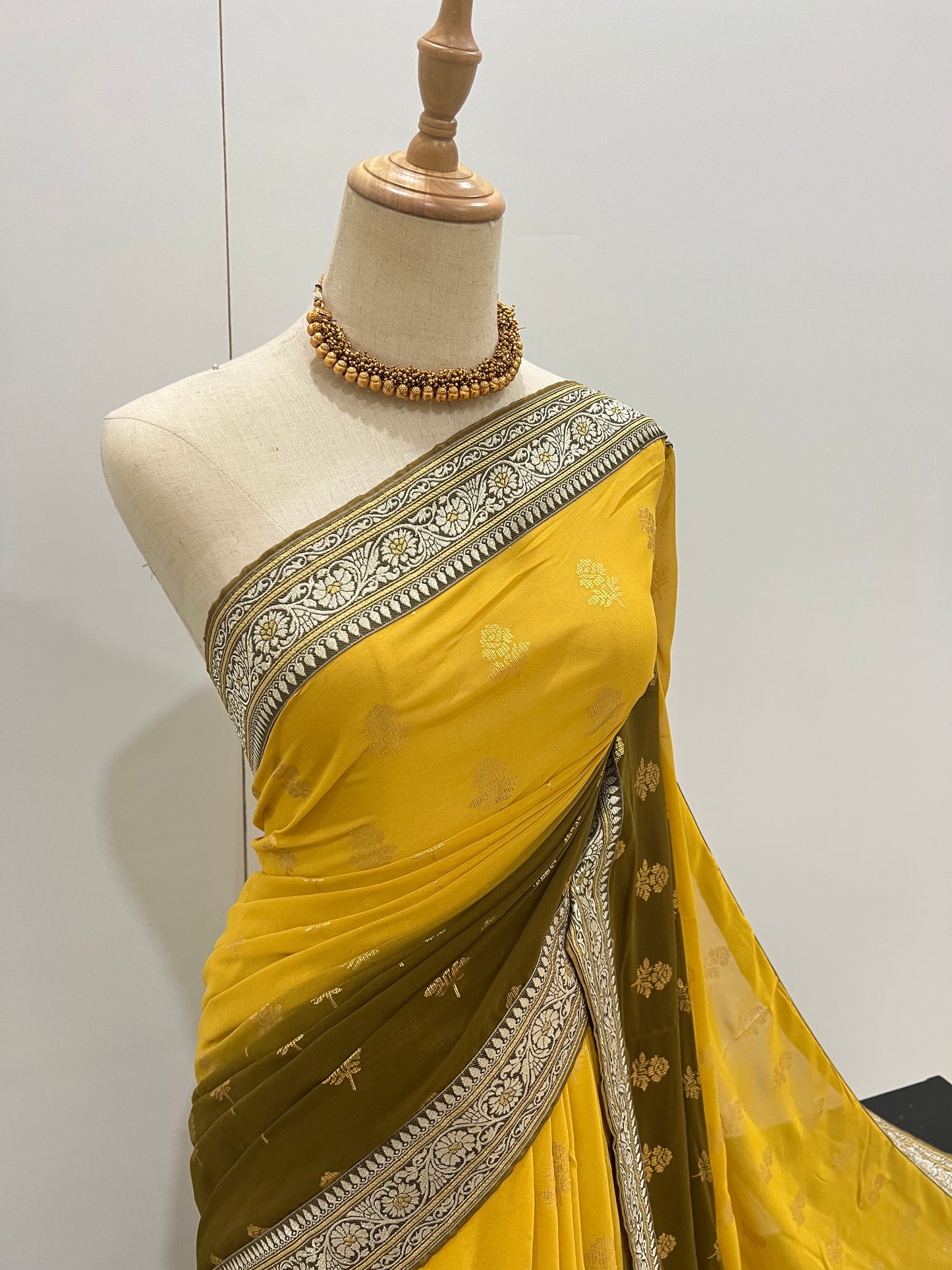 Georgette Ombre Floral Foil Print Saree - Yellow & Olive Green