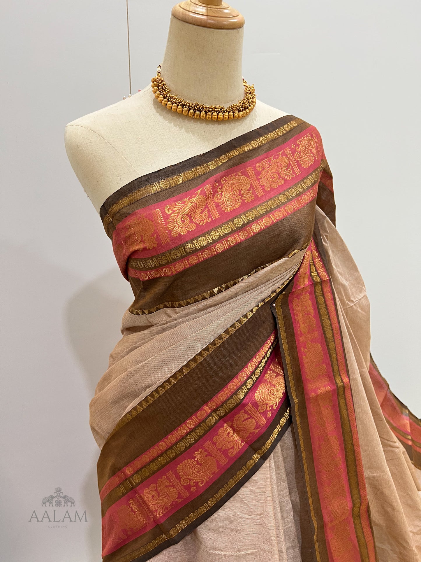 Cotton Saree - Light Brown with Dark Brown & Pink Border