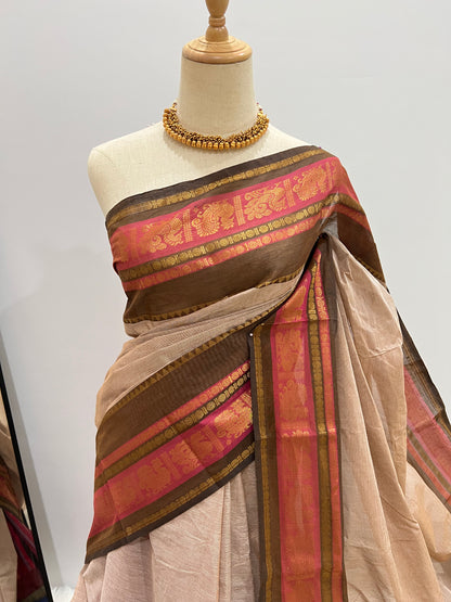 Cotton Saree - Light Brown with Dark Brown & Pink Border