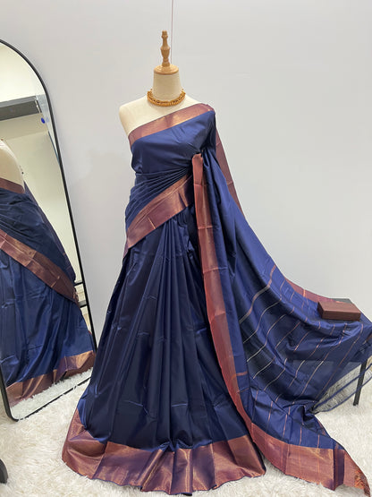 Soft Silk Saree - Navy Blue with Copper Zari