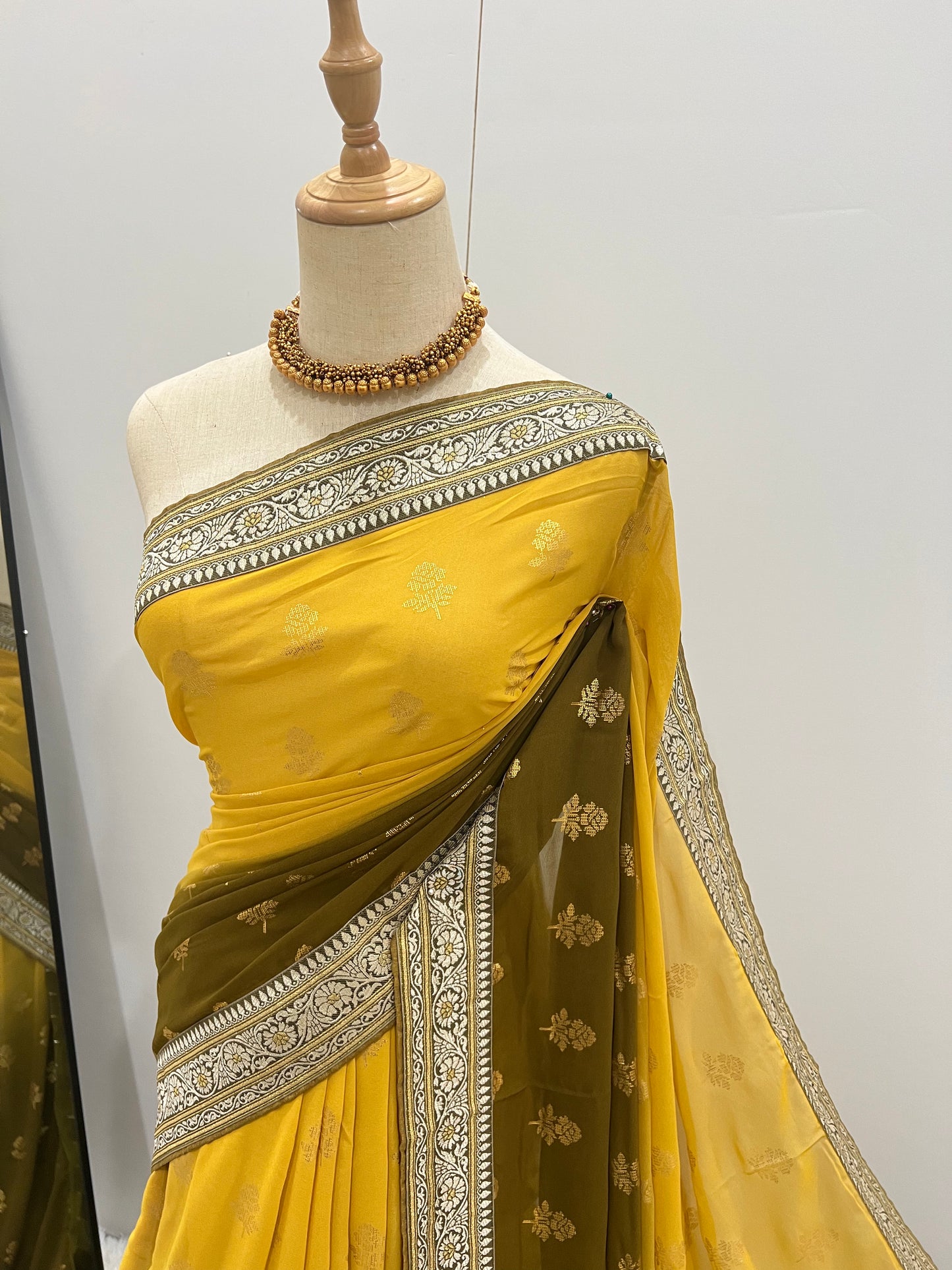 Georgette Ombre Floral Foil Print Saree - Yellow & Olive Green