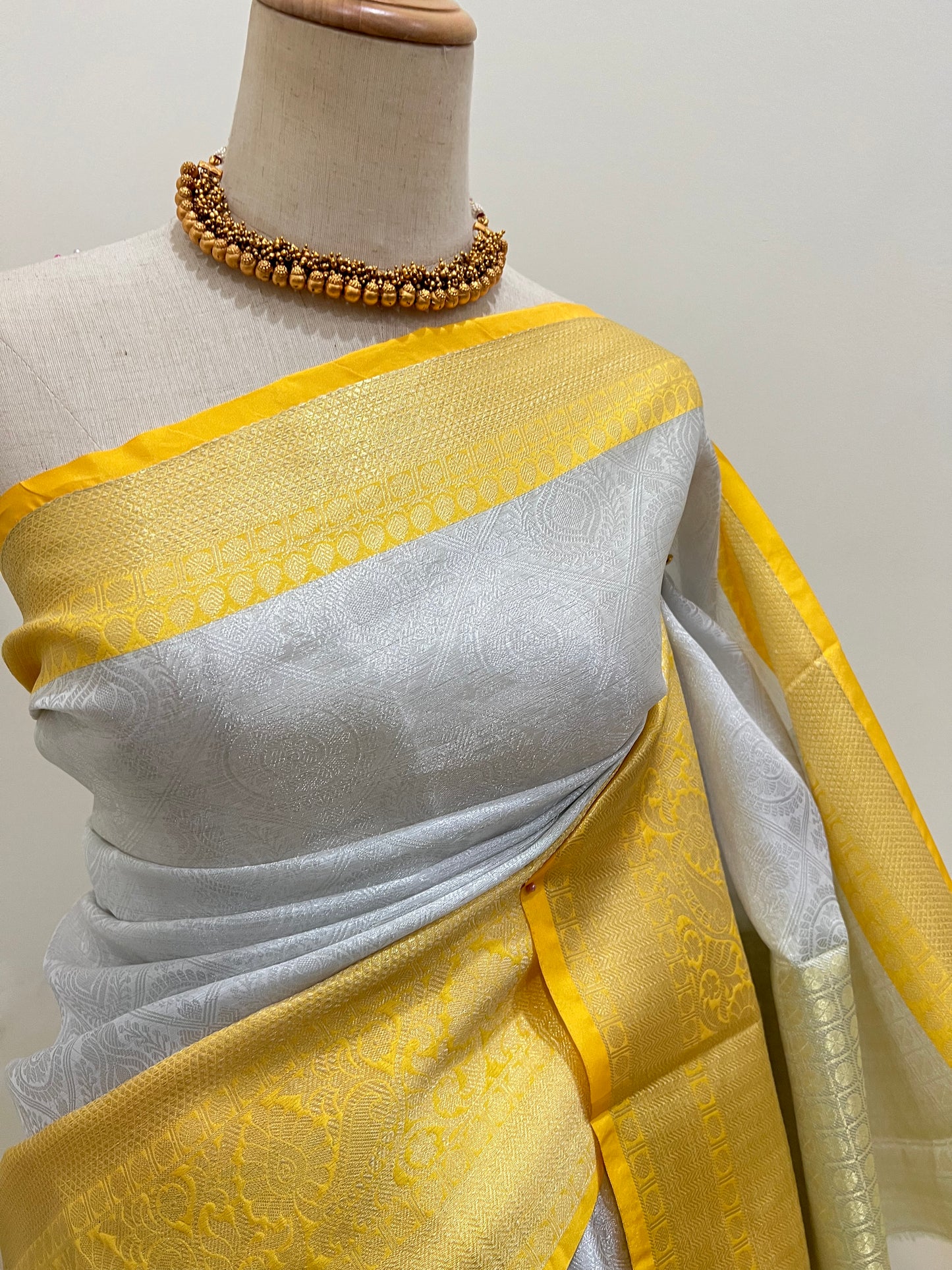 Banarasi Tissue Saree - Silver & Lemon Yellow