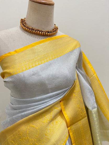 Banarasi Tissue Saree - Silver & Lemon Yellow