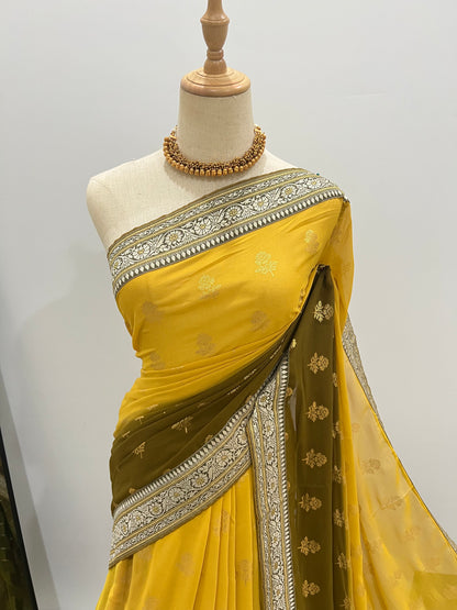 Georgette Ombre Floral Foil Print Saree - Yellow & Olive Green