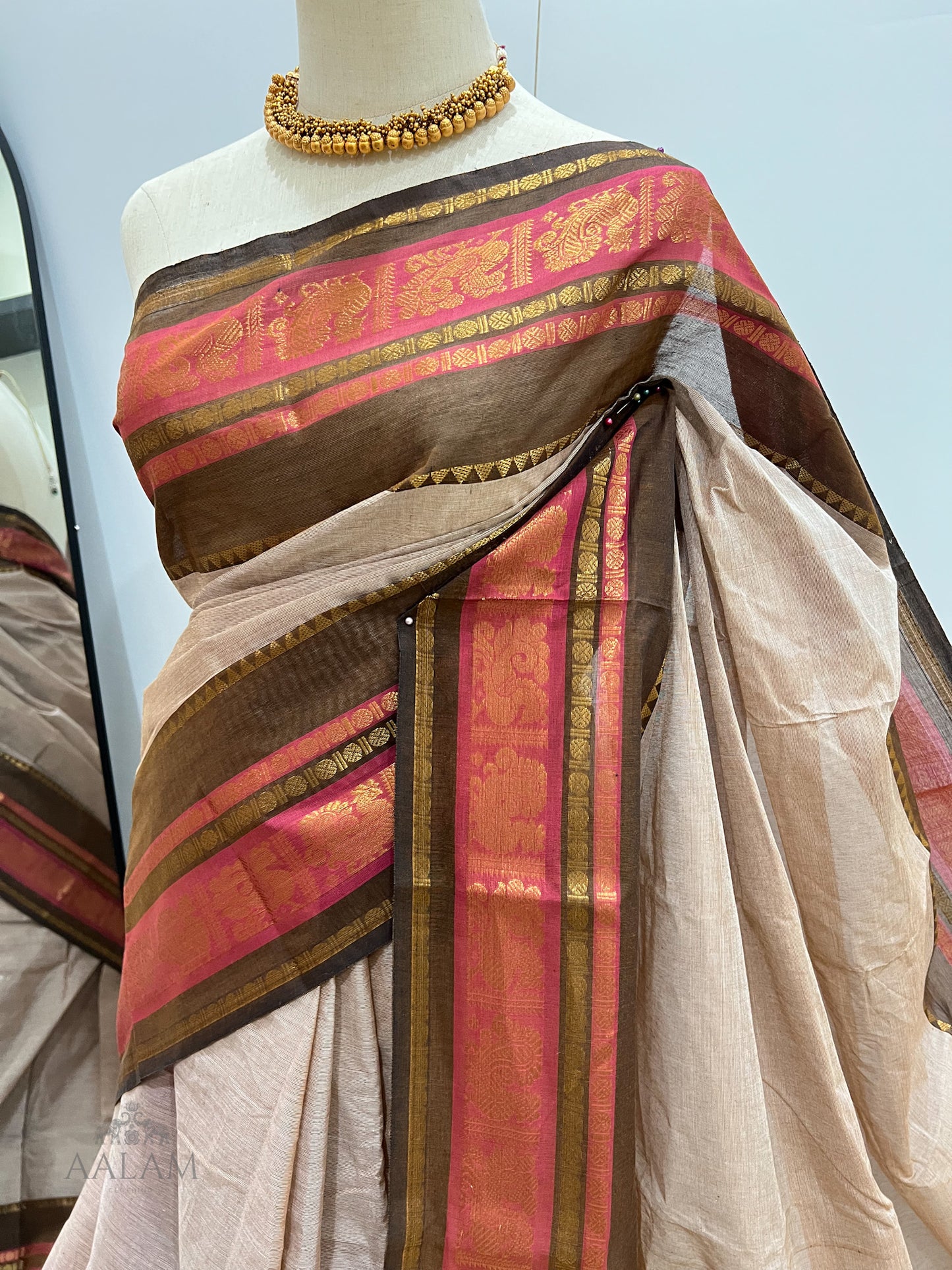 Cotton Saree - Light Brown with Dark Brown & Pink Border