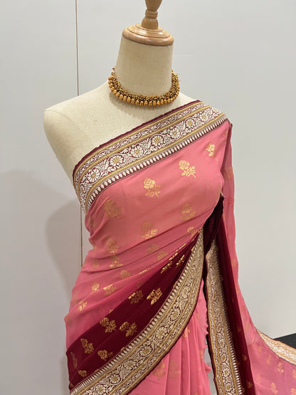 Georgette Ombre Floral Foil Print Saree - Pink & Red