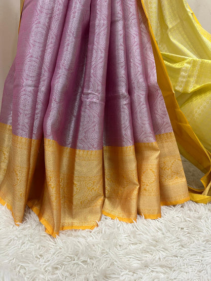 Banarasi Tissue Saree - Pink & Yellow with Silver Zari