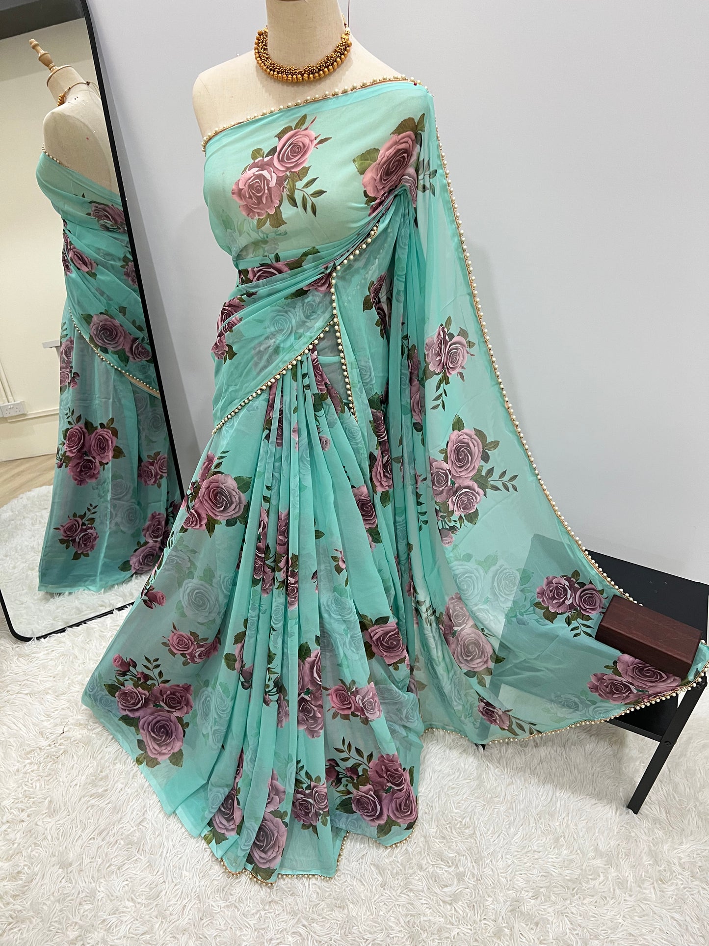 Georgette Pearl Lace Floral Saree - Summer Green