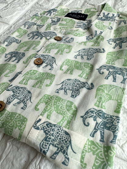 Men Short Sleeve Shirt - Green & Blue Elephant Prints