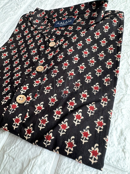 Men Short Sleeve Kurta - Black Floral