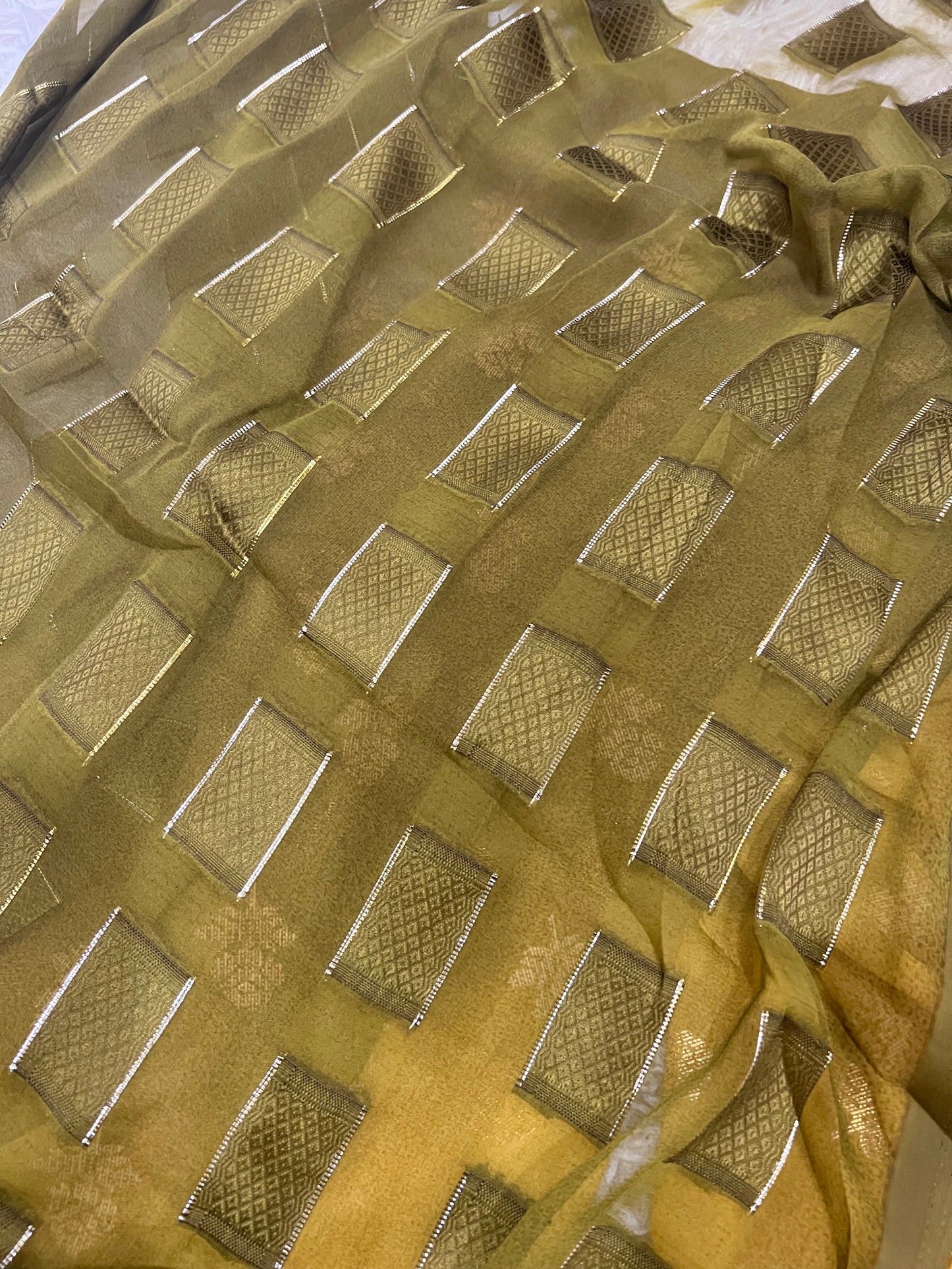 Georgette Ombre Floral Foil Print Saree - Yellow & Olive Green