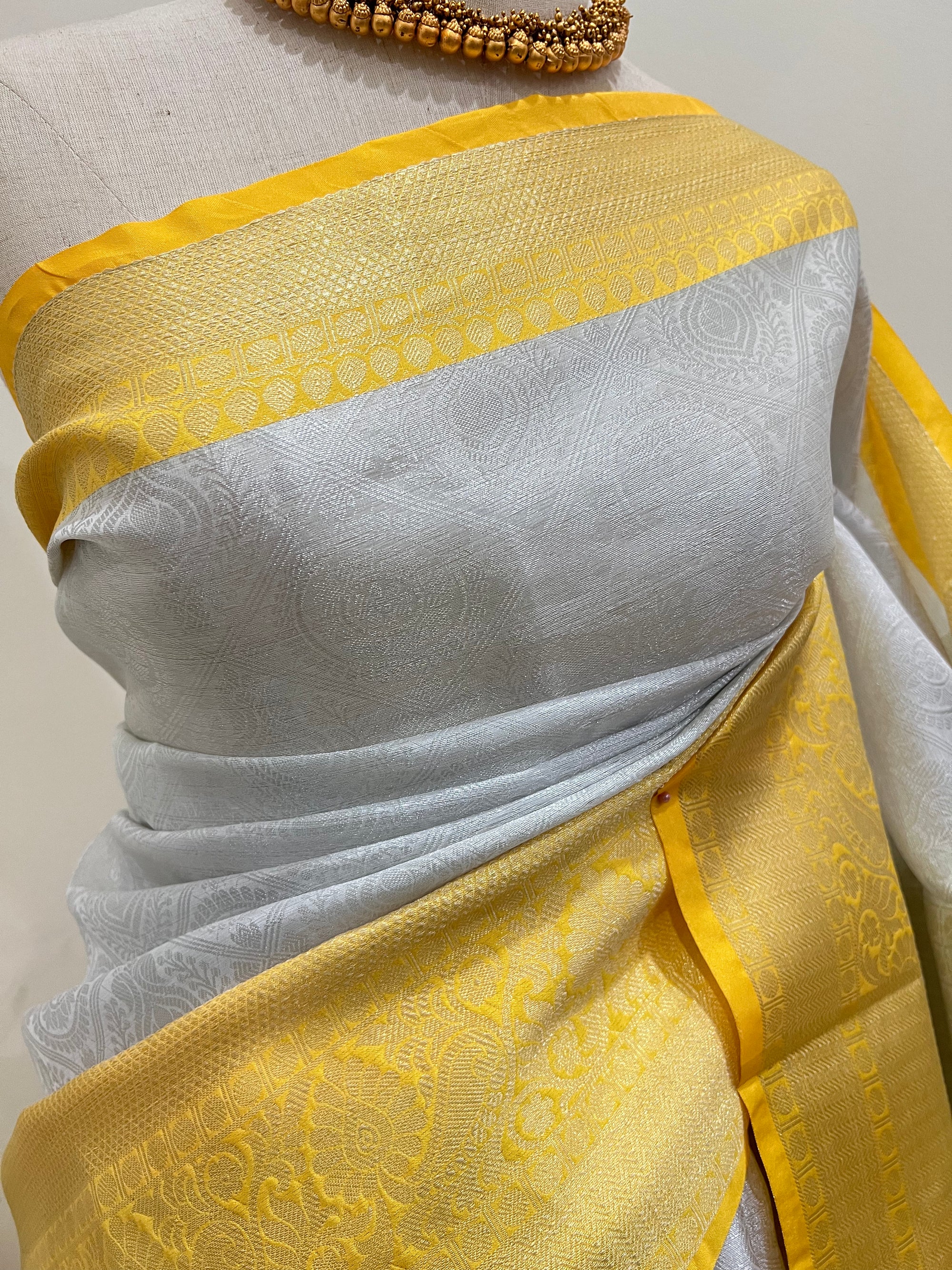 Banarasi Tissue Saree - Silver & Lemon Yellow