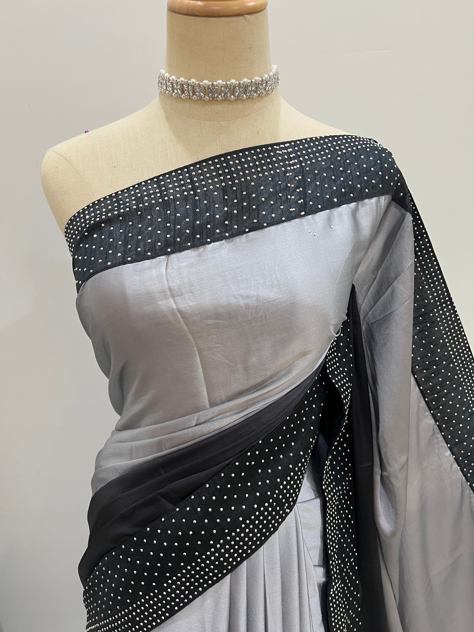 Ombré Satin Stone Saree - Grey