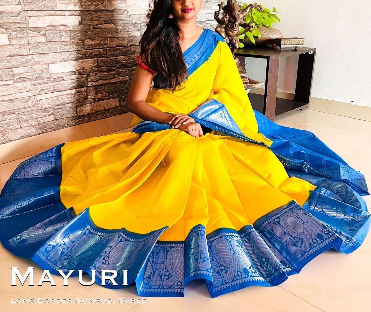 Madurai Mayil Long Border Saree - Yellow & Blue