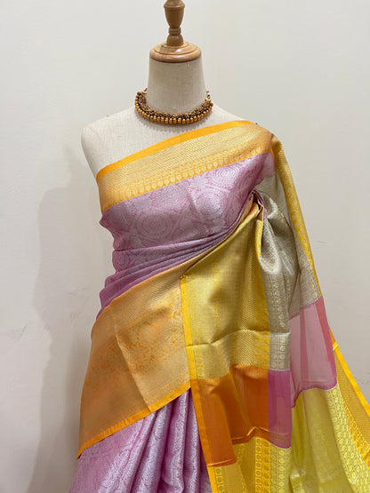 Banarasi Tissue Saree - Pink & Yellow with Silver Zari