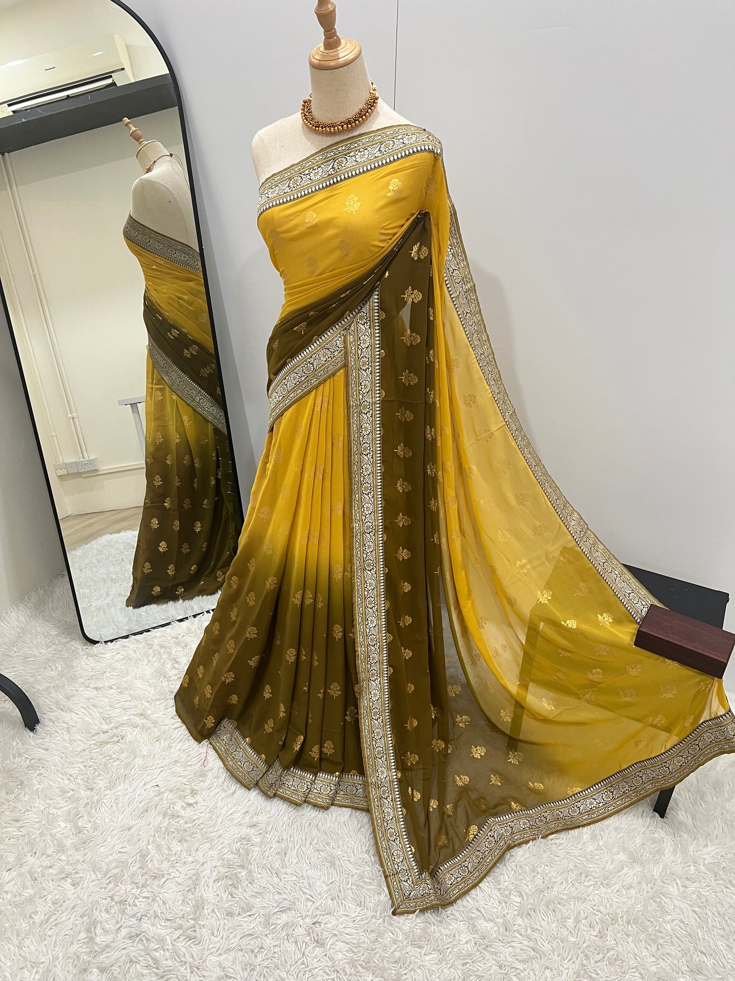 Georgette Ombre Floral Foil Print Saree - Yellow & Olive Green