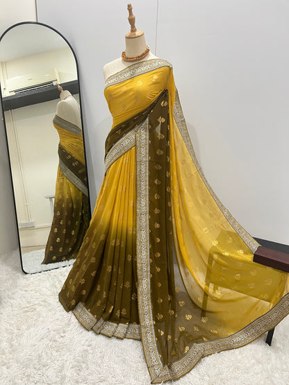 Georgette Ombre Floral Foil Print Saree - Yellow & Olive Green