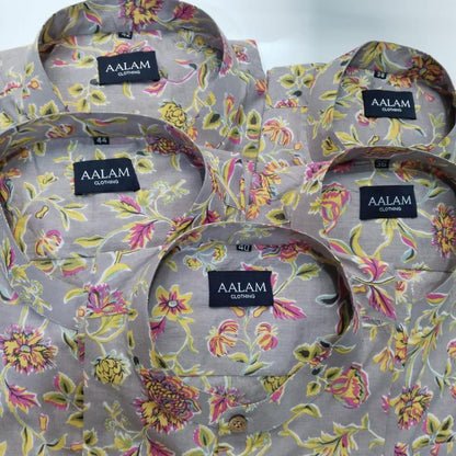 Men Short Sleeve Shirt - Grey Floral Prints