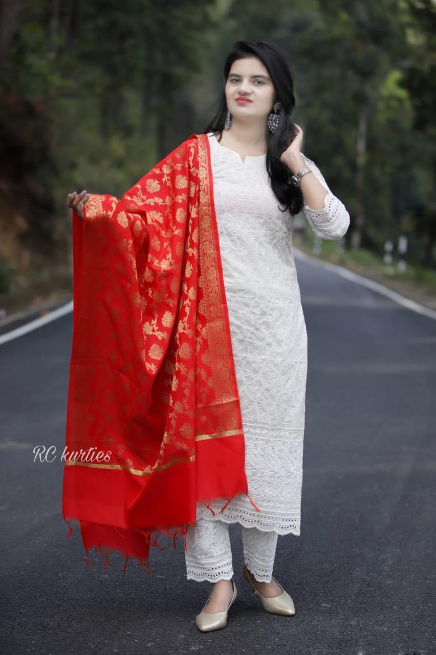 Ayla - Chikankari Kurta Set with Banarasi Silk Dupatta - Off-White & Red