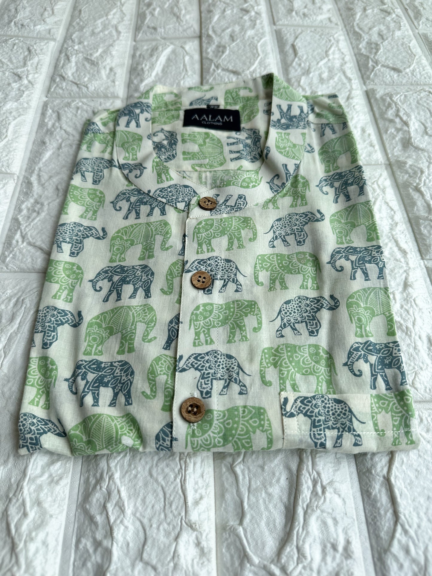 Men Short Sleeve Shirt - Green & Blue Elephant Prints