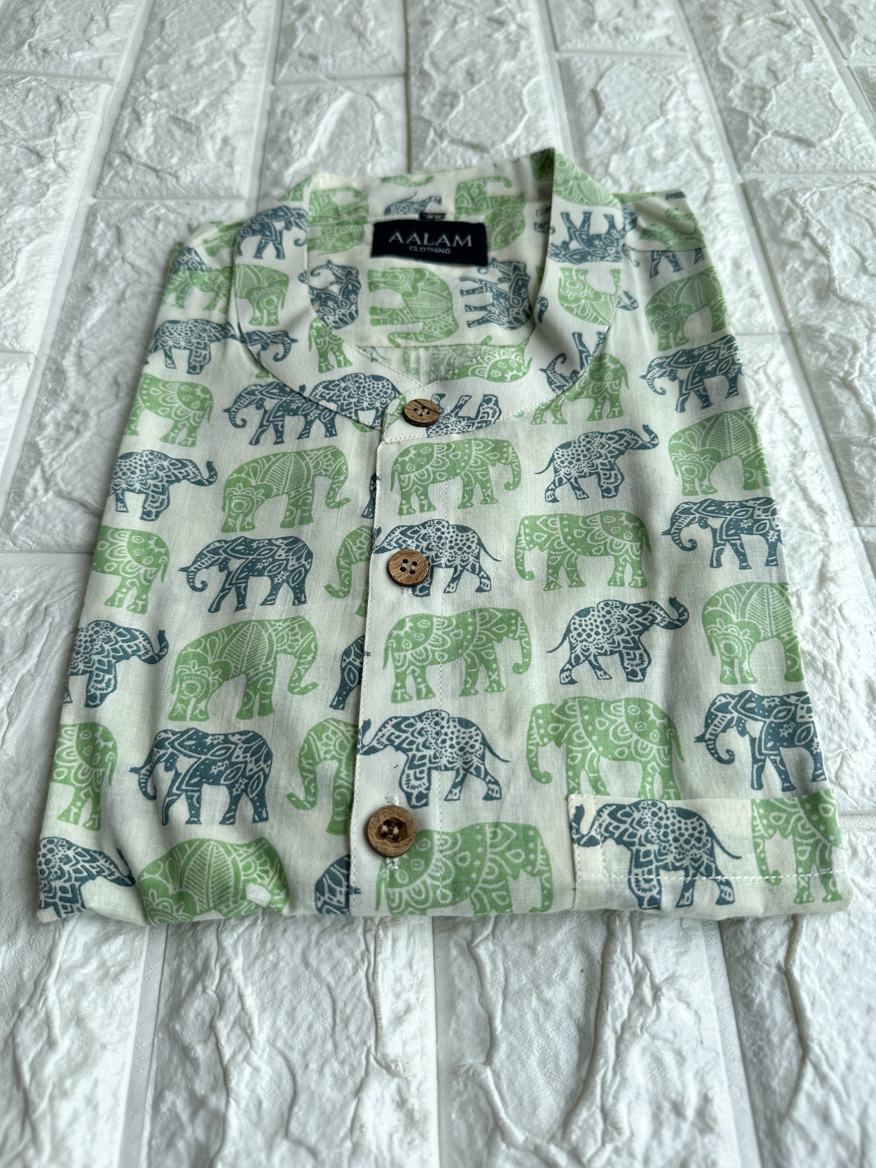 Men Short Sleeve Shirt - Green & Blue Elephant Prints