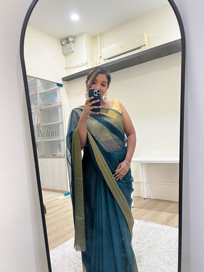 Chiffon Saree with Gold Border - Teal Blue