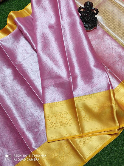 Banarasi Tissue Saree - Pink & Yellow with Silver Zari