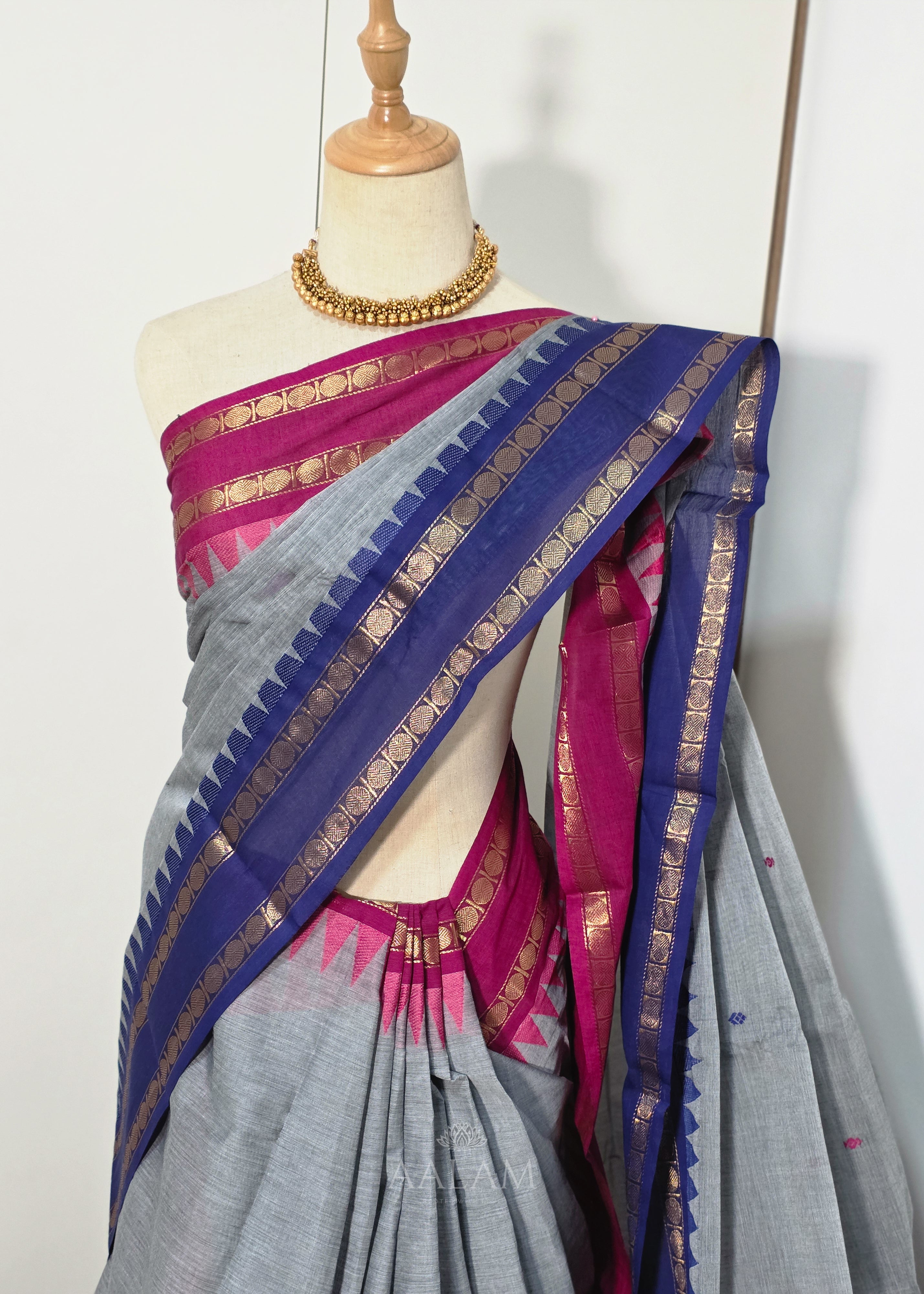 Gray Cotton Saree with Red and Navy Blue Dual Border