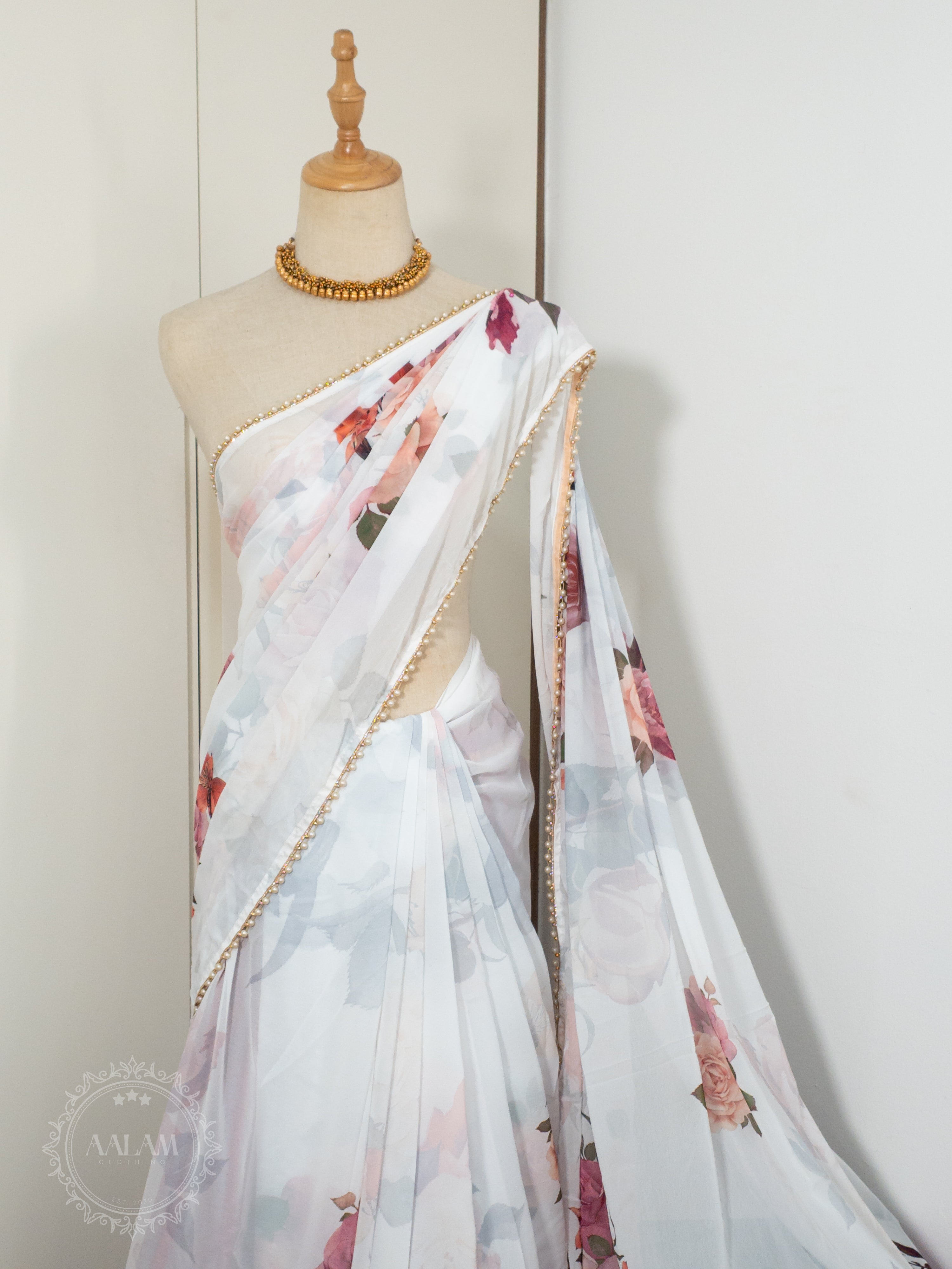 Floral Pearl Lace Saree - White