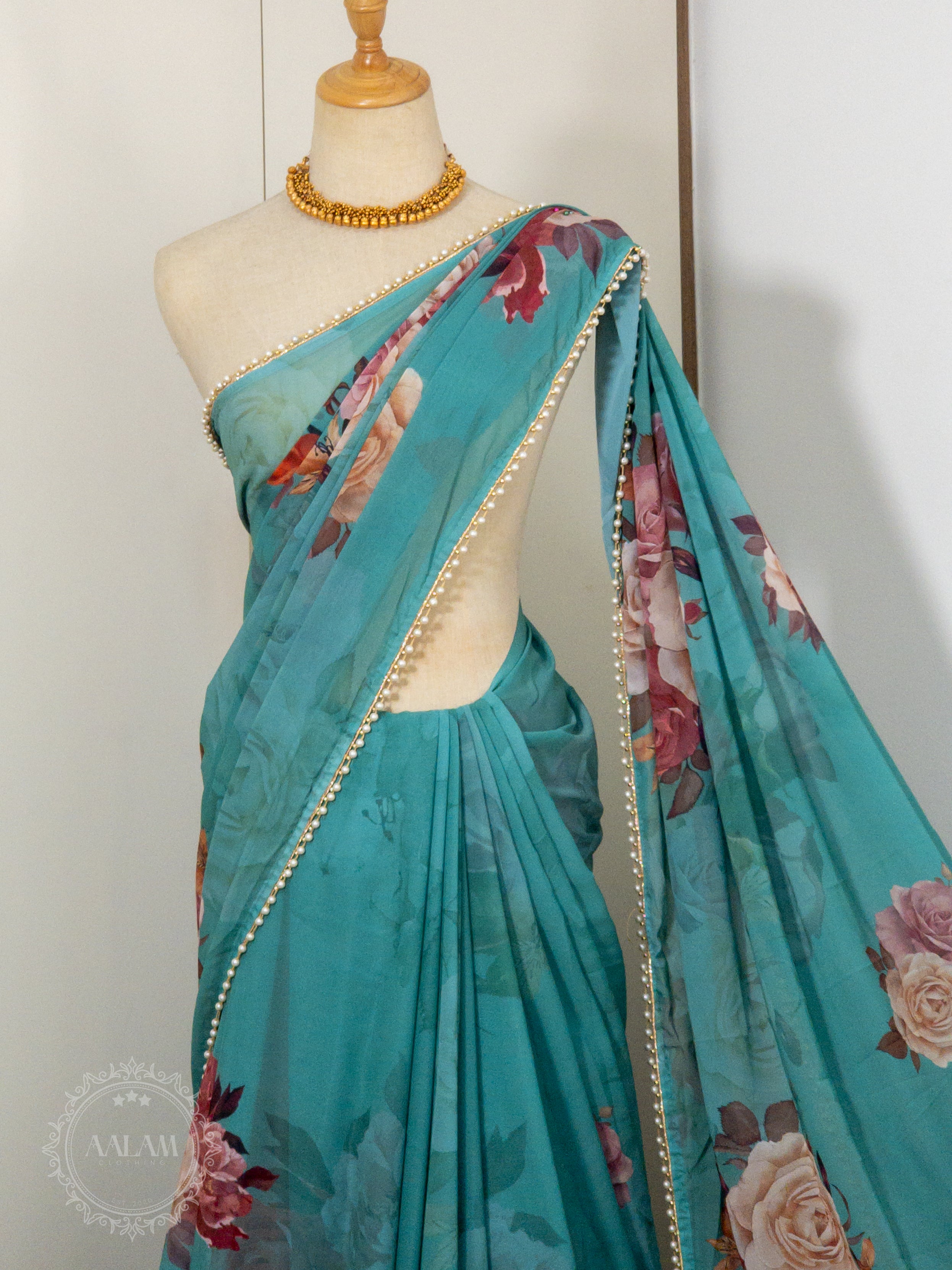Georgette Pearl Lace Floral Saree - Sea Green