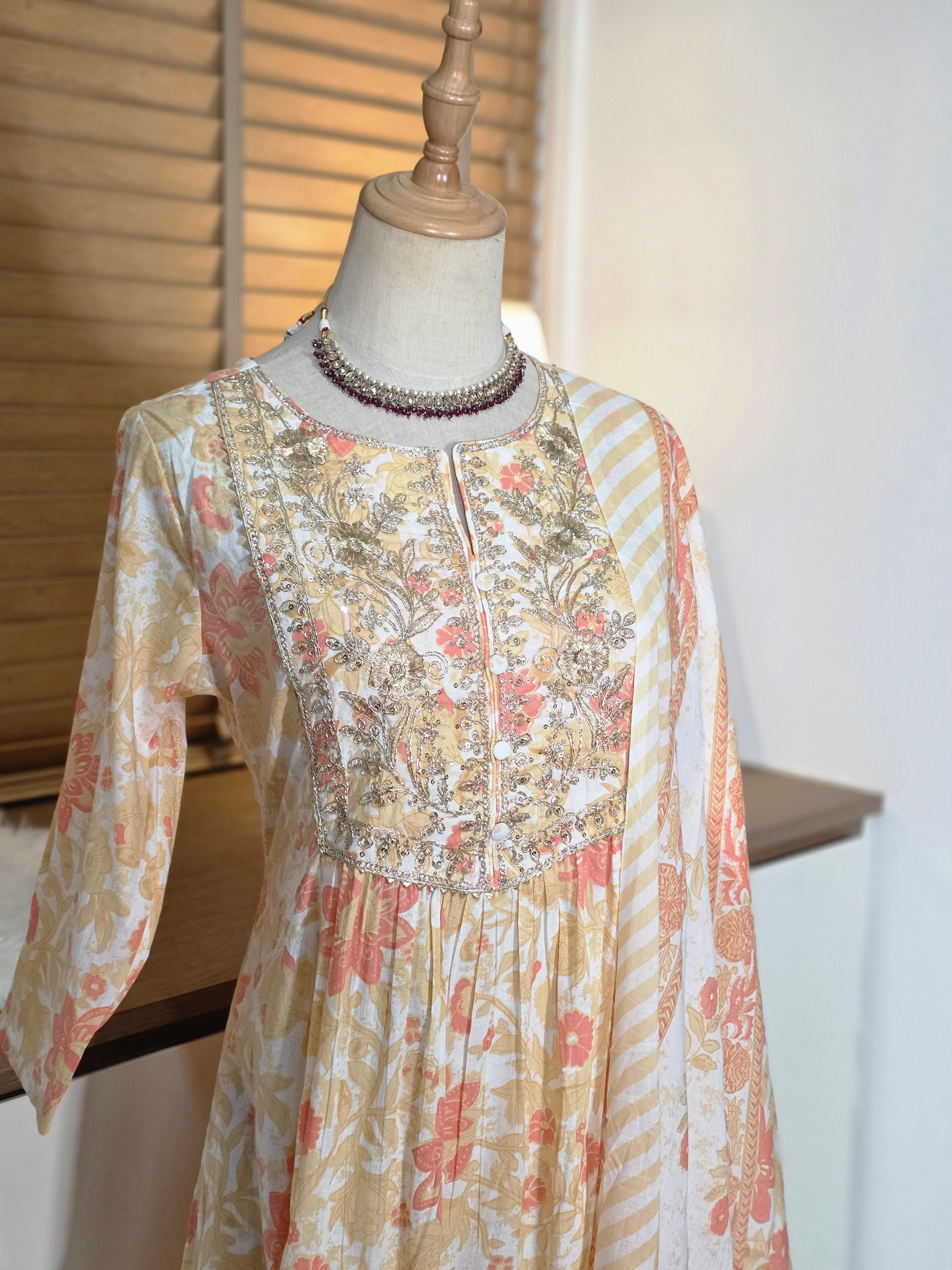 Cream Pure Cotton Floral Printed Yoke Embroidered A-line Kurta Set