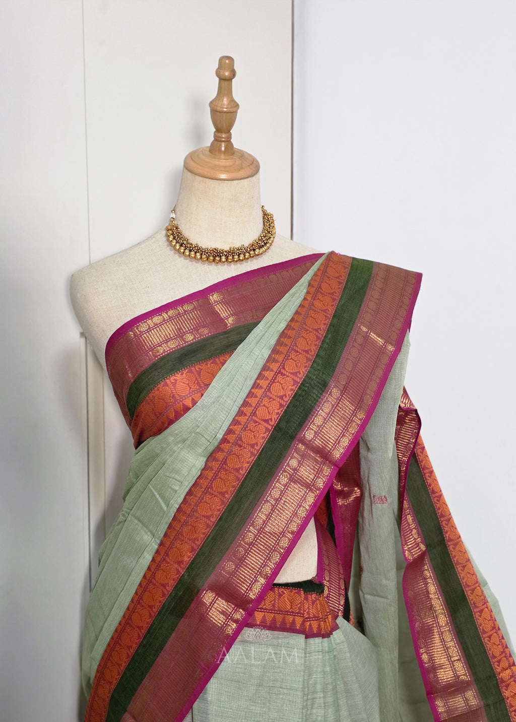 Sage Green Cotton Saree with Olive Green and Pink Border