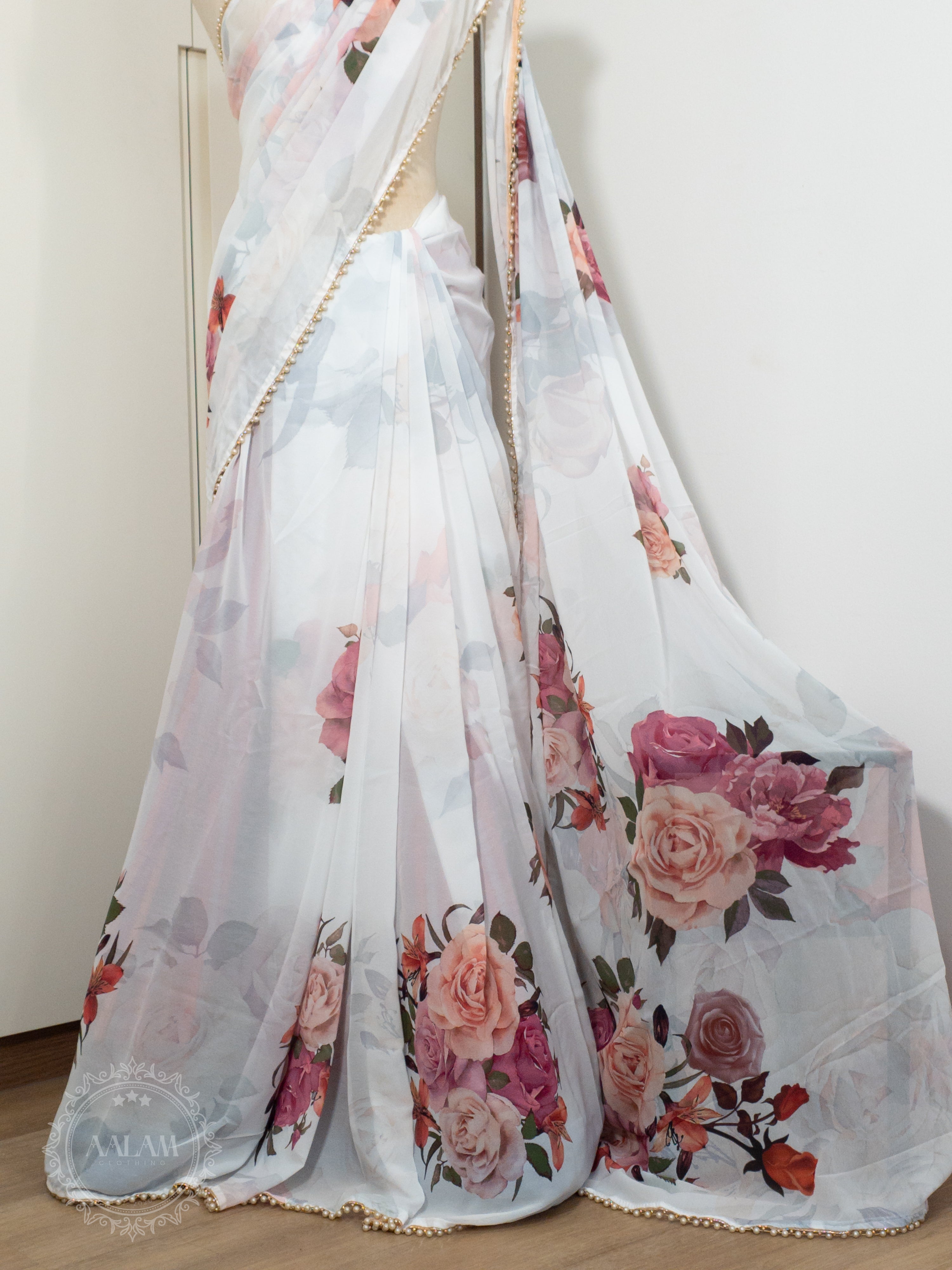 Floral Pearl Lace Saree - White