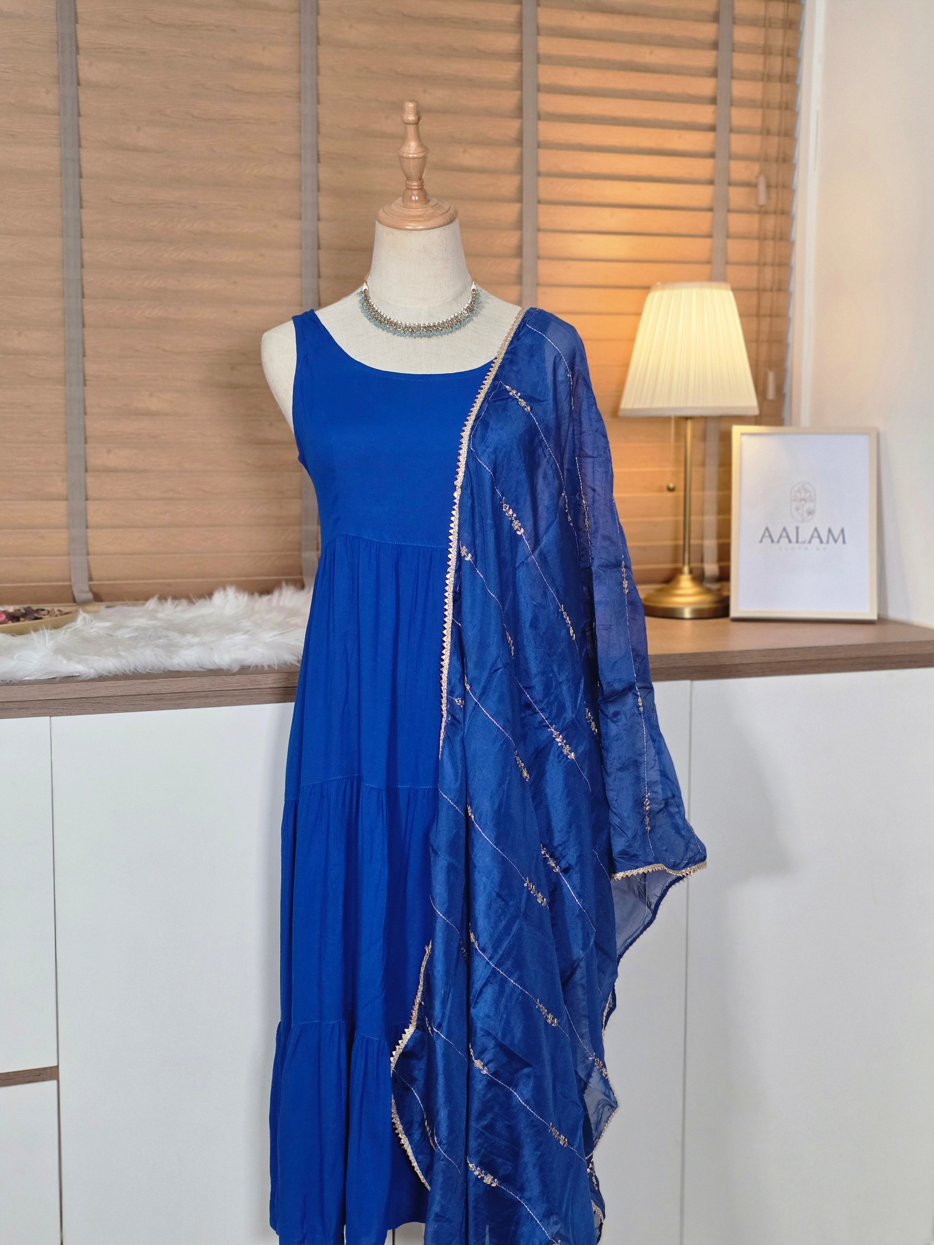 Blue Rayon Solid Kurta Set