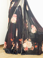 Georgette Pearl Lace Floral Saree - Black